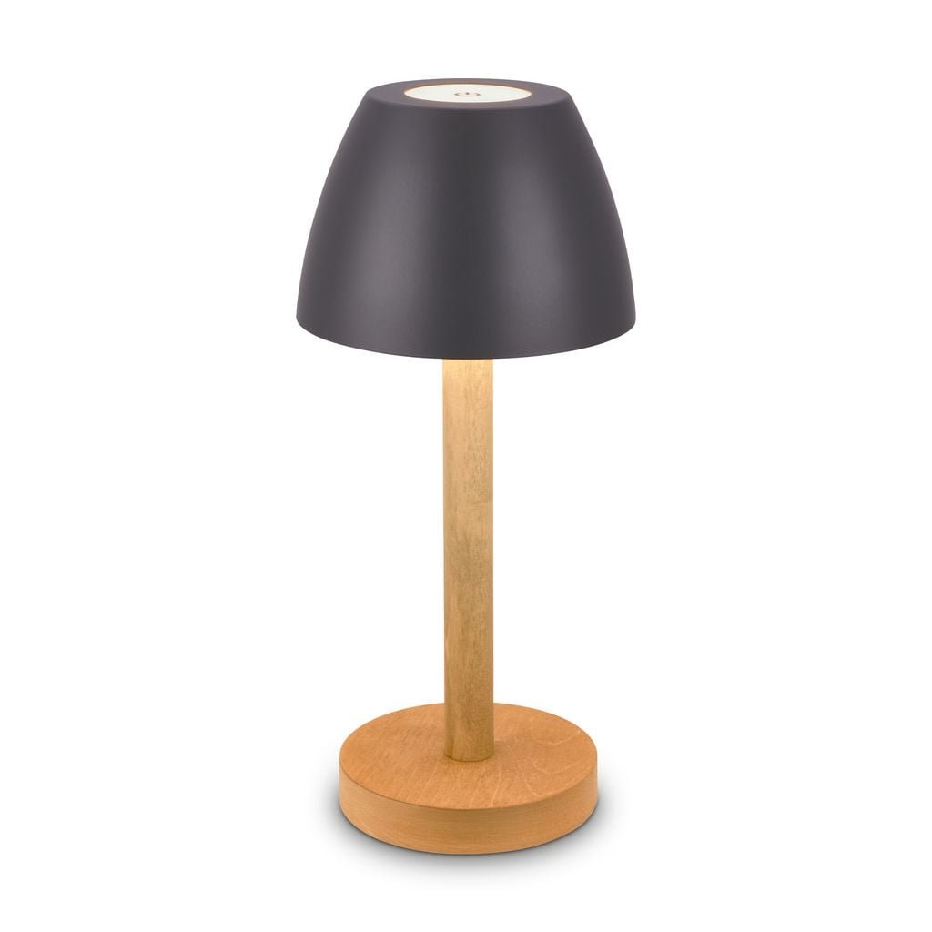 BRILO 7661015 Serina Wood stolní lampa - 2,5W, 200lm, bezdrátová, LED, dotykový vypínač, IP44, stmívatelná, antracit/dřevo - BRILO