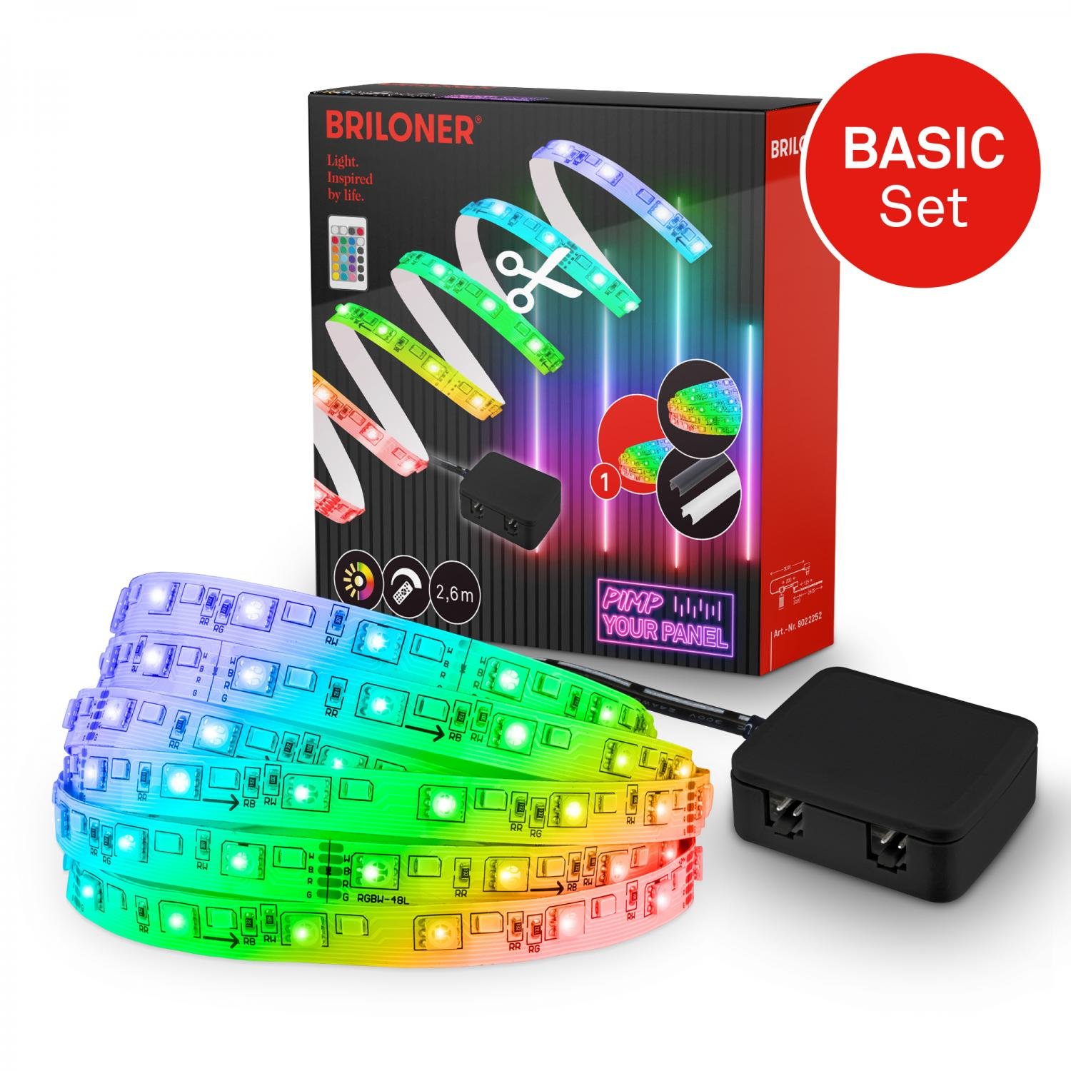 BRI 8022252 Startovací sada RGB LED pásek pro nástěnné panely – 260cm, dálkový ovladač, vč. rozbočovače - BRILONER