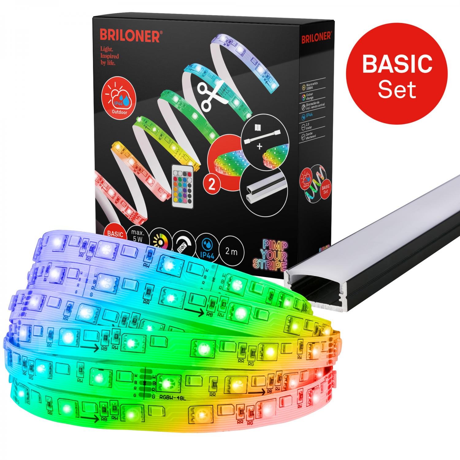 BRI 2166192 Pimp Your Stripe startovací sada LED pásek 2m, IP44 venkovní, RGB+W, dálkový ovladač - BRILONER
