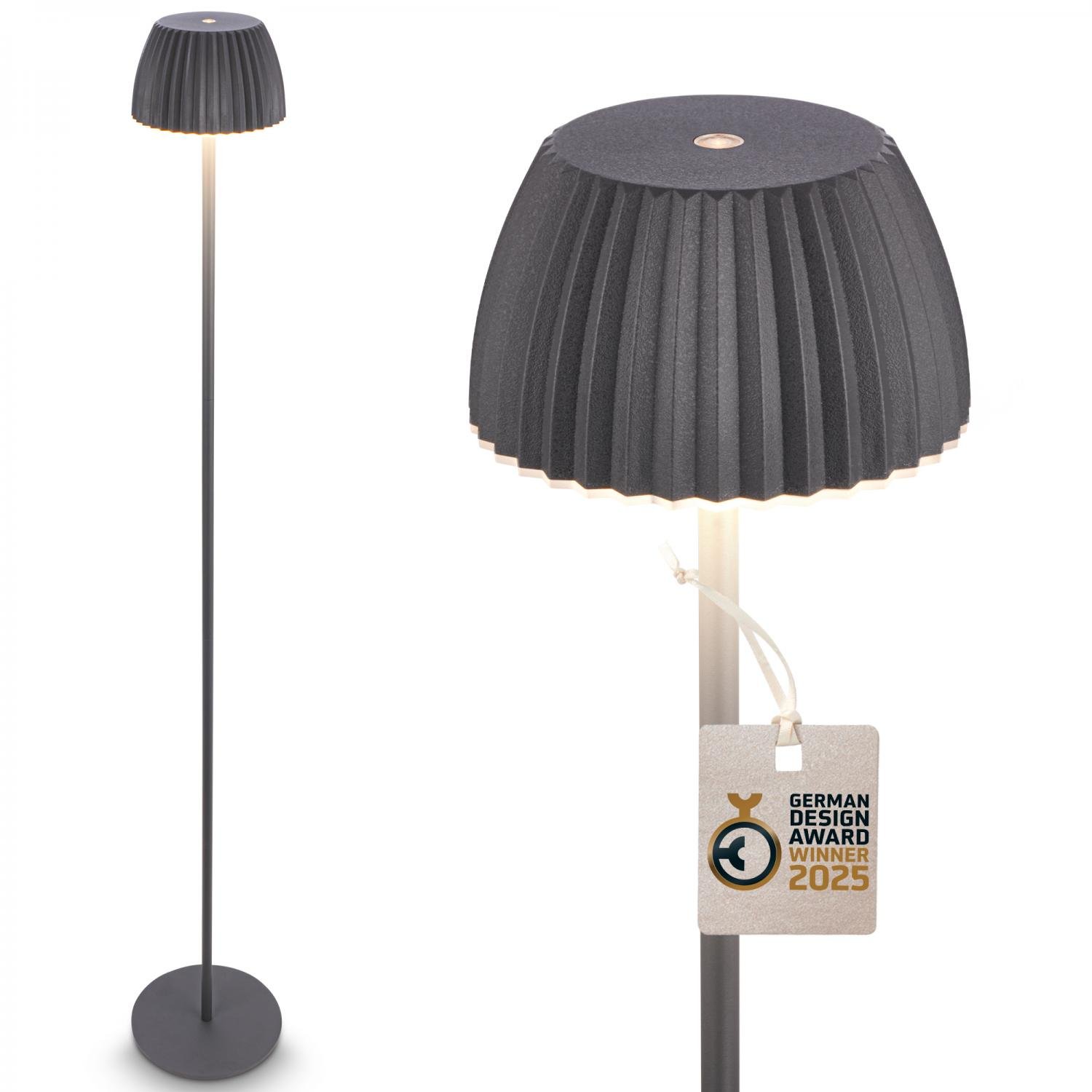 BRILO 1238015 nabíjecí stojanová lampa Riffle - 124 cm, 4,2W, 400lm, LED, bezdrátová, stmívatelná, dotykový vypínač, antracit - BRILO