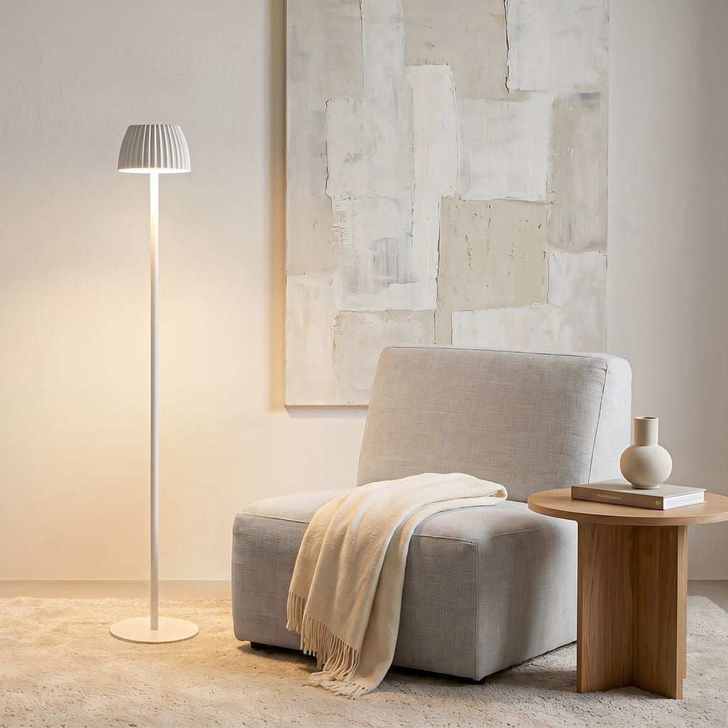 BRILO 1238016 nabíjecí stojanová lampa Riffle - 124 cm, 4,2W, 400lm, LED, bezdrátová, stmívatelná, dotykový vypínač, bílá - BRILO