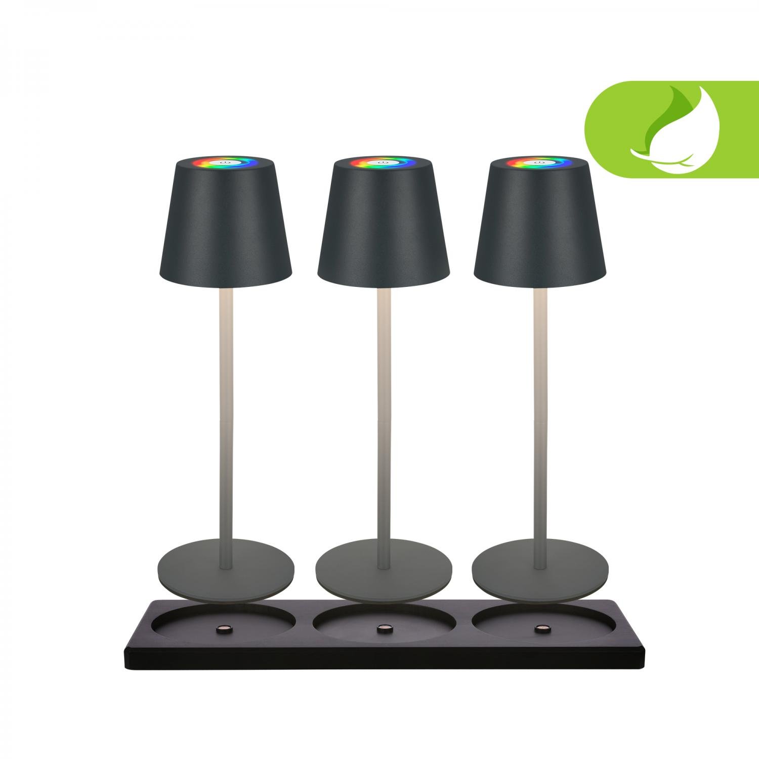 BRILO 7517035 Cilano 3ks RGBW stolní bezdrátová lampa, vč. nabíjecí základny, IP44, antracit - BRILO
