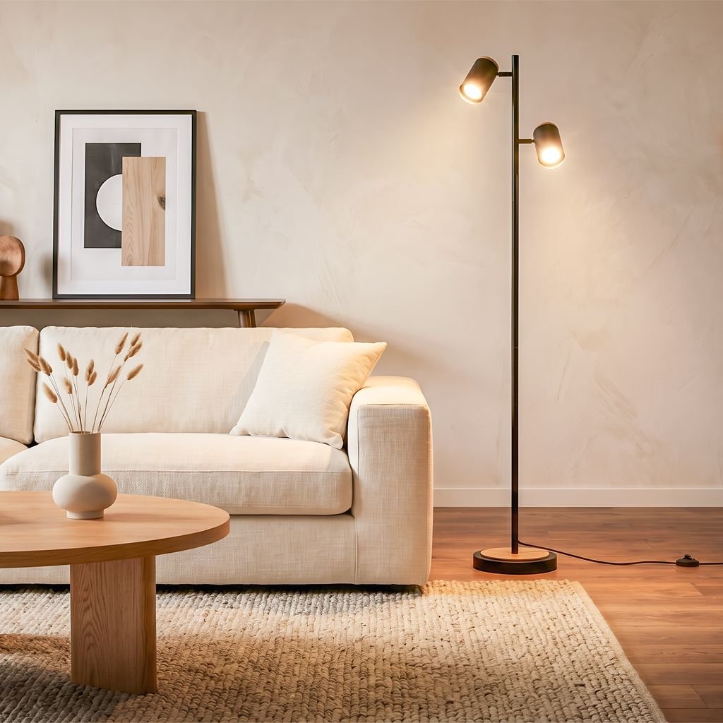 BRI 1859025 Duta stojanová lampa - vypínač, nastavitelná, GU10 patice, 2-ramenná, černá - BRILONER
