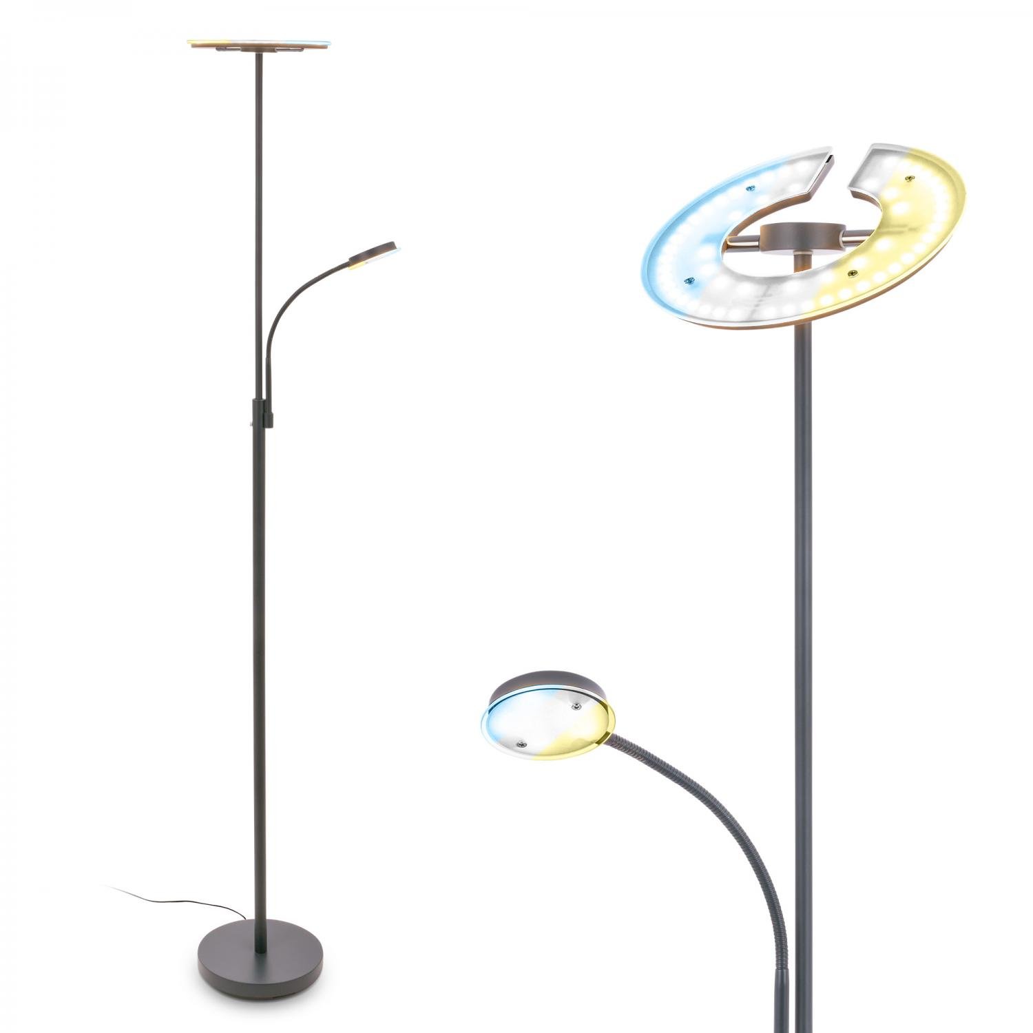 BRILO 1204025 Ravan LED stojanová lampa, s lampičkou na čtení, CCT, stmívatelná, antracit - BRILO