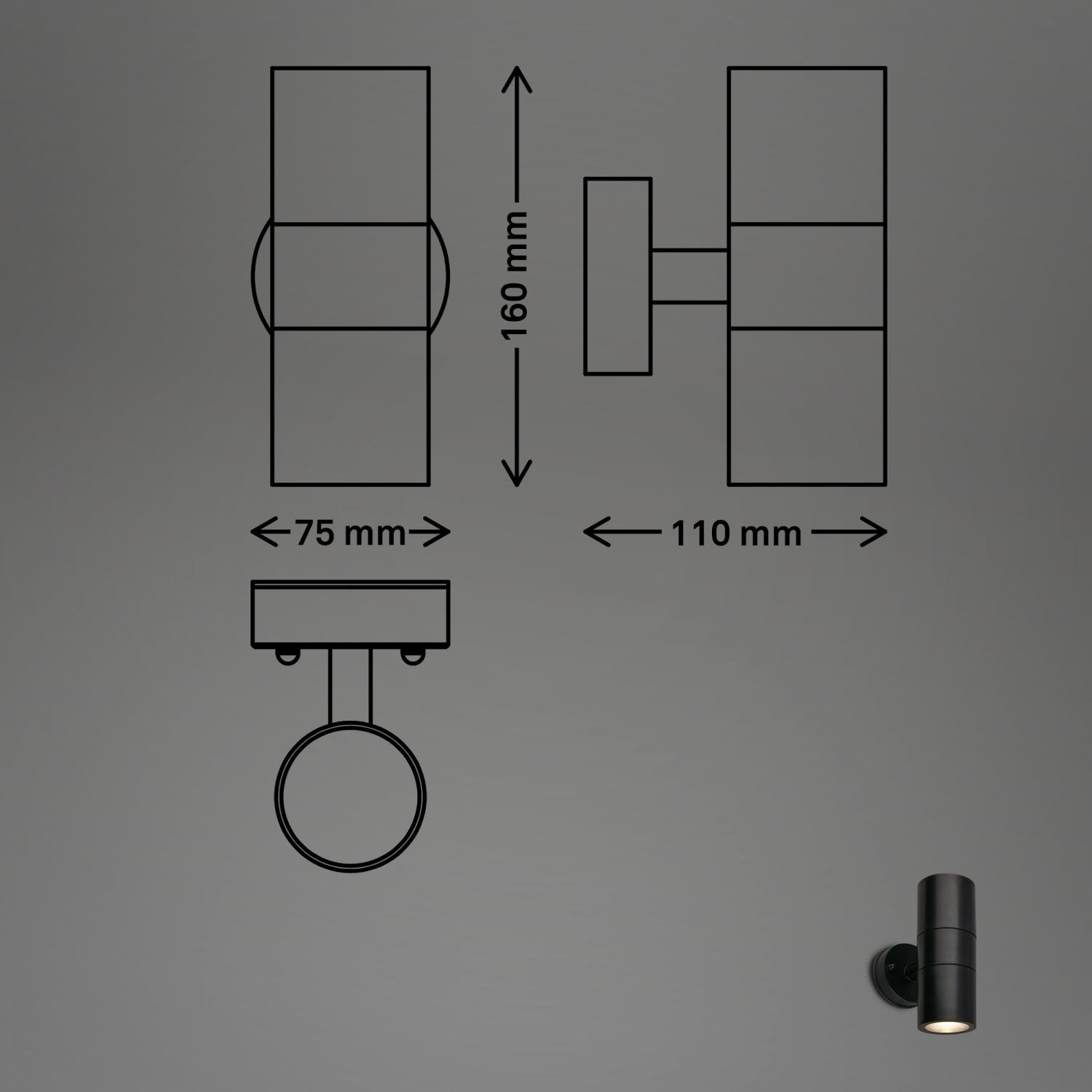 BRILO 3792025 Venkovní nástěnné svítidlo, IP54 voděodolné a prachotěsné, Up/Down, 16cm výška, černá - BRILO (obrázek 5)