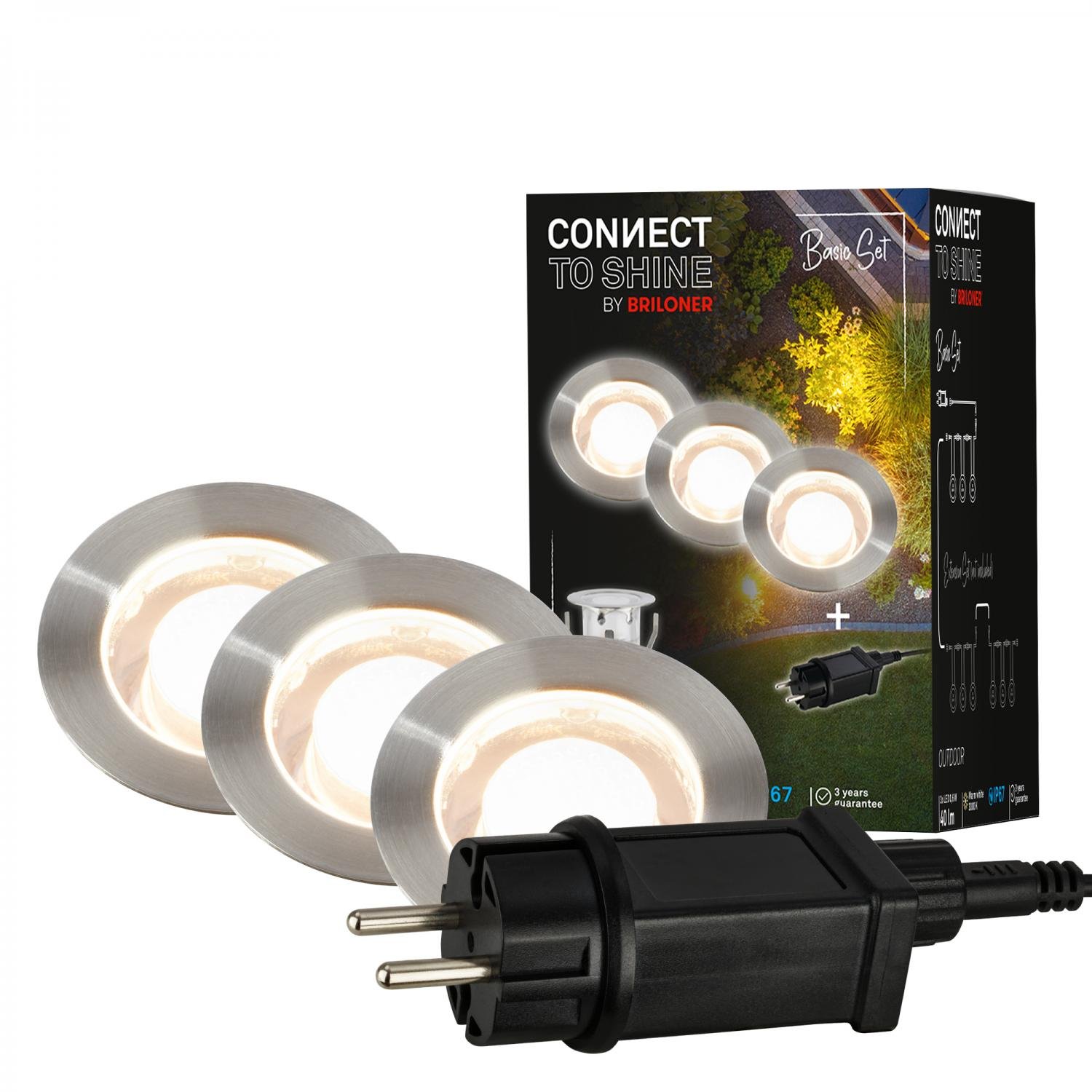 BRI 3912032 CONNECT TO SHINE startovací sada Kebony 3ks LED zapuštěných svítidel do země pr.30mm, IP67 - BRILONER