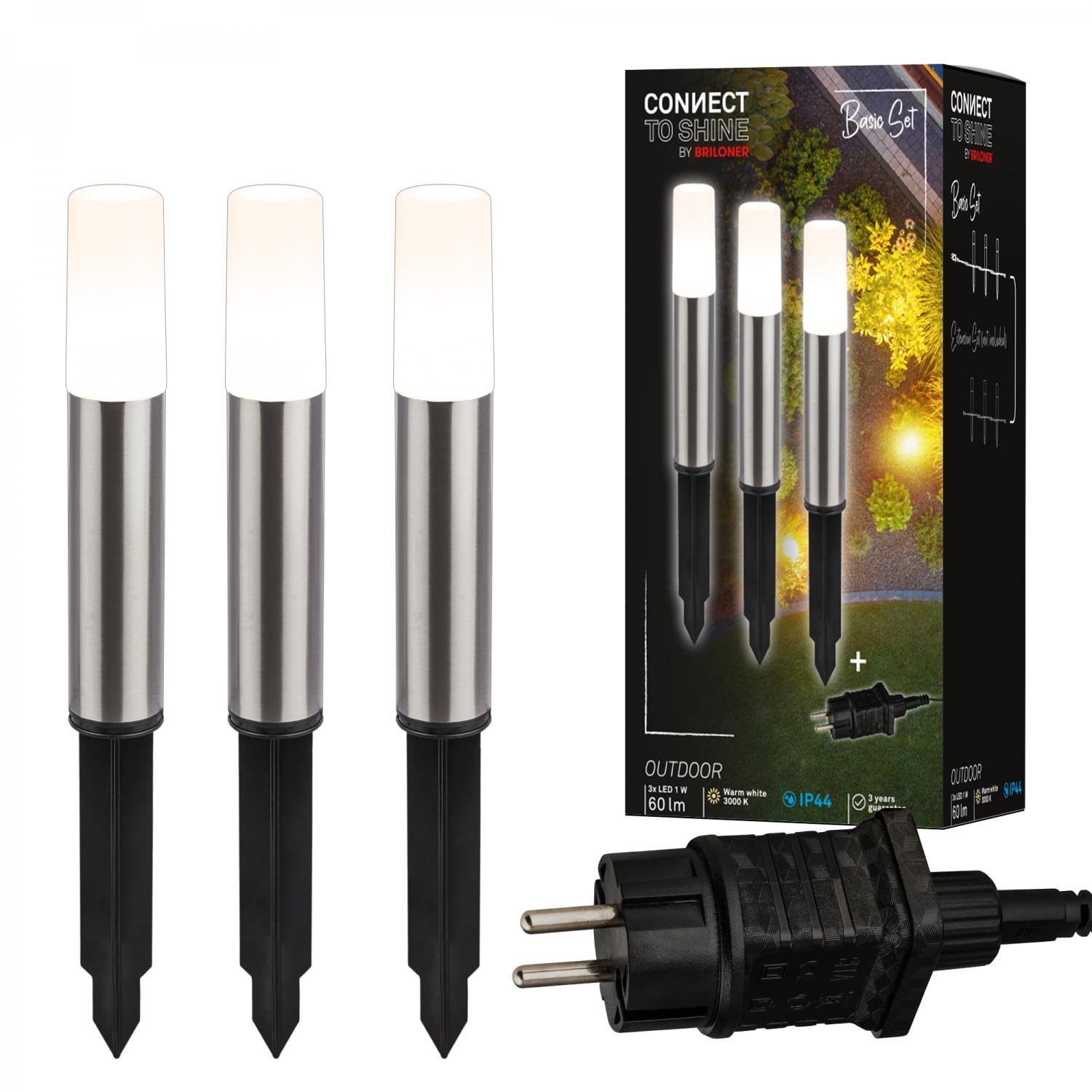 BRI 3925032 Startovací sada Junca – CONNECT TO SHINE, 3ks svítidel pro osvětlení cesty, IP44, design nerez ocel - BRILONER
