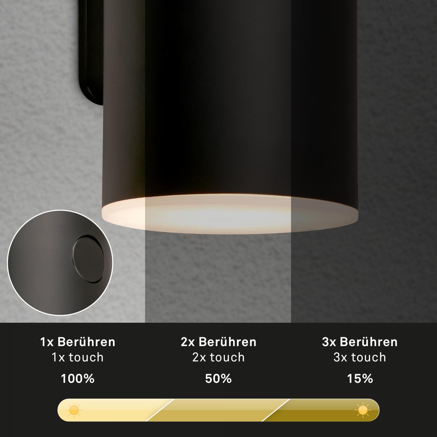 BRI 3786015 Lima LED venkovní nástěnné svítidlo, nabíjecí, 3 krokový dotykový stmívač, časovač, černé - BRILONER (obrázek 3)