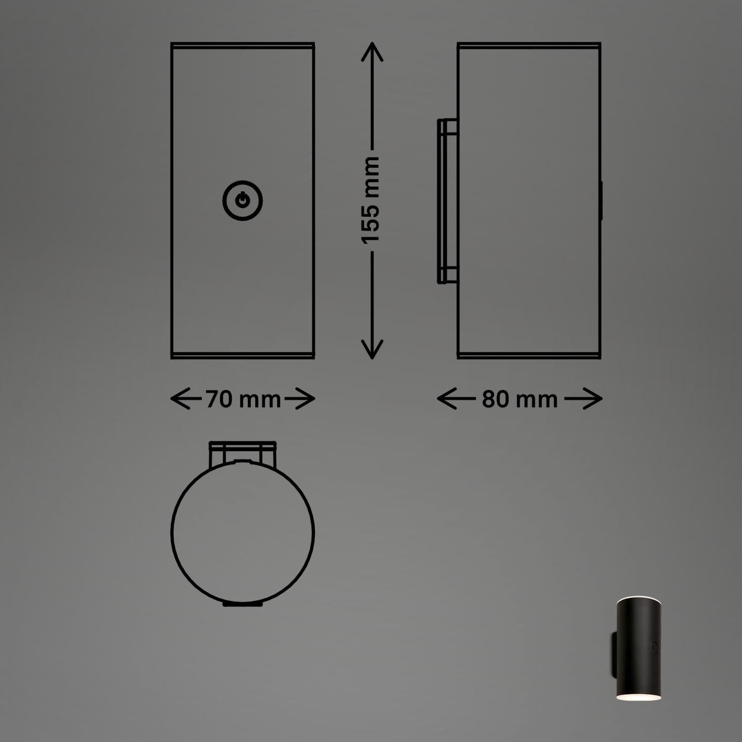 BRI 3786015 Lima LED venkovní nástěnné svítidlo, nabíjecí, 3 krokový dotykový stmívač, časovač, černé - BRILONER (obrázek 8)