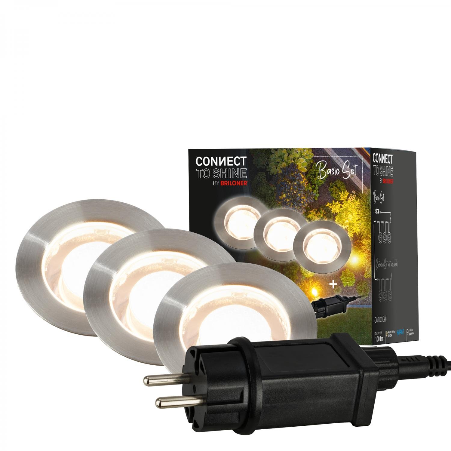 BRI 3916032 CONNECT TO SHINE startovací sada 12V zahradní osvětlení - trafo, 3x LED svítidlo do země, IP67, stříbrná - BRILONER