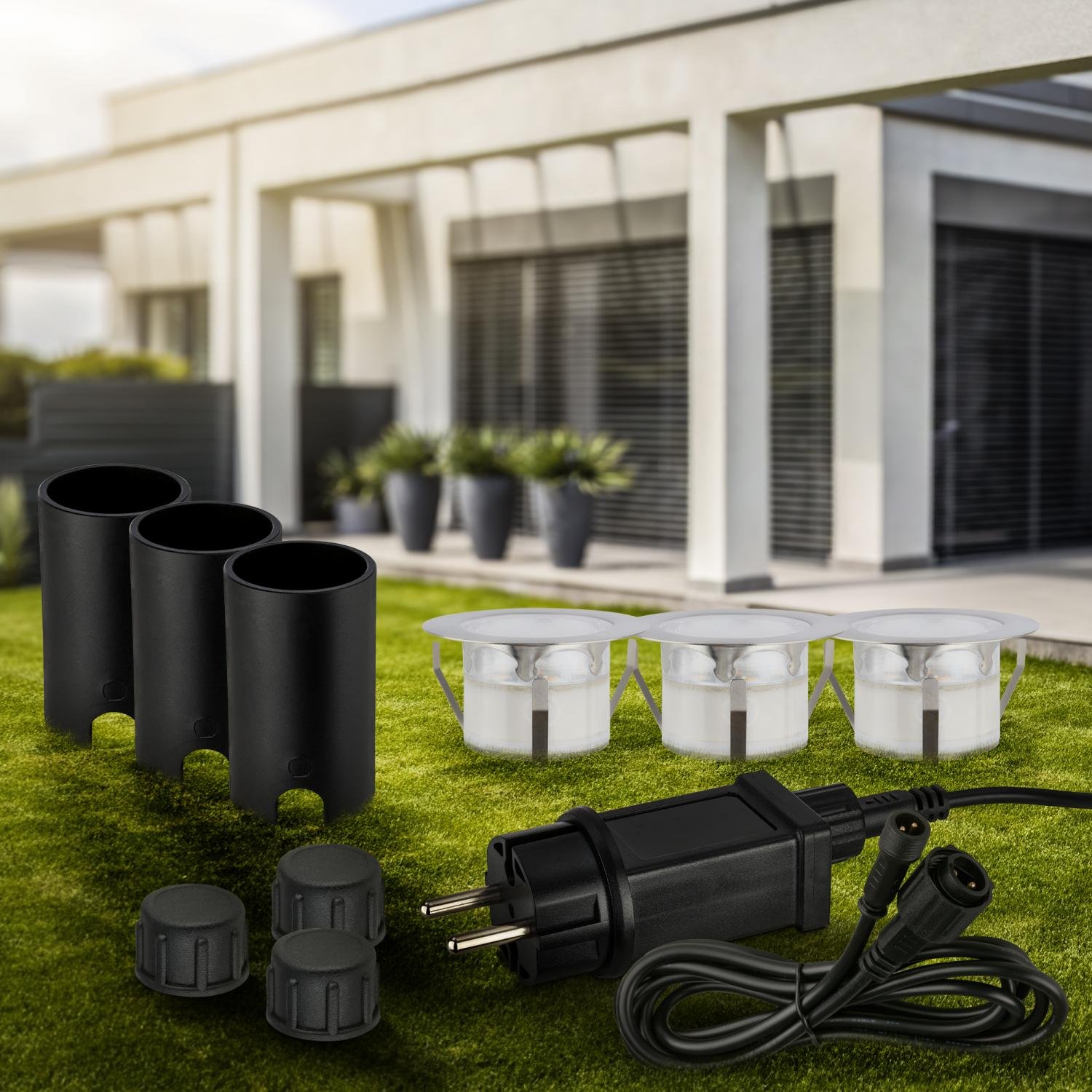 BRI 3916032 CONNECT TO SHINE startovací sada 12V zahradní osvětlení - trafo, 3x LED svítidlo do země, IP67, stříbrná - BRILONER (obrázek 8)
