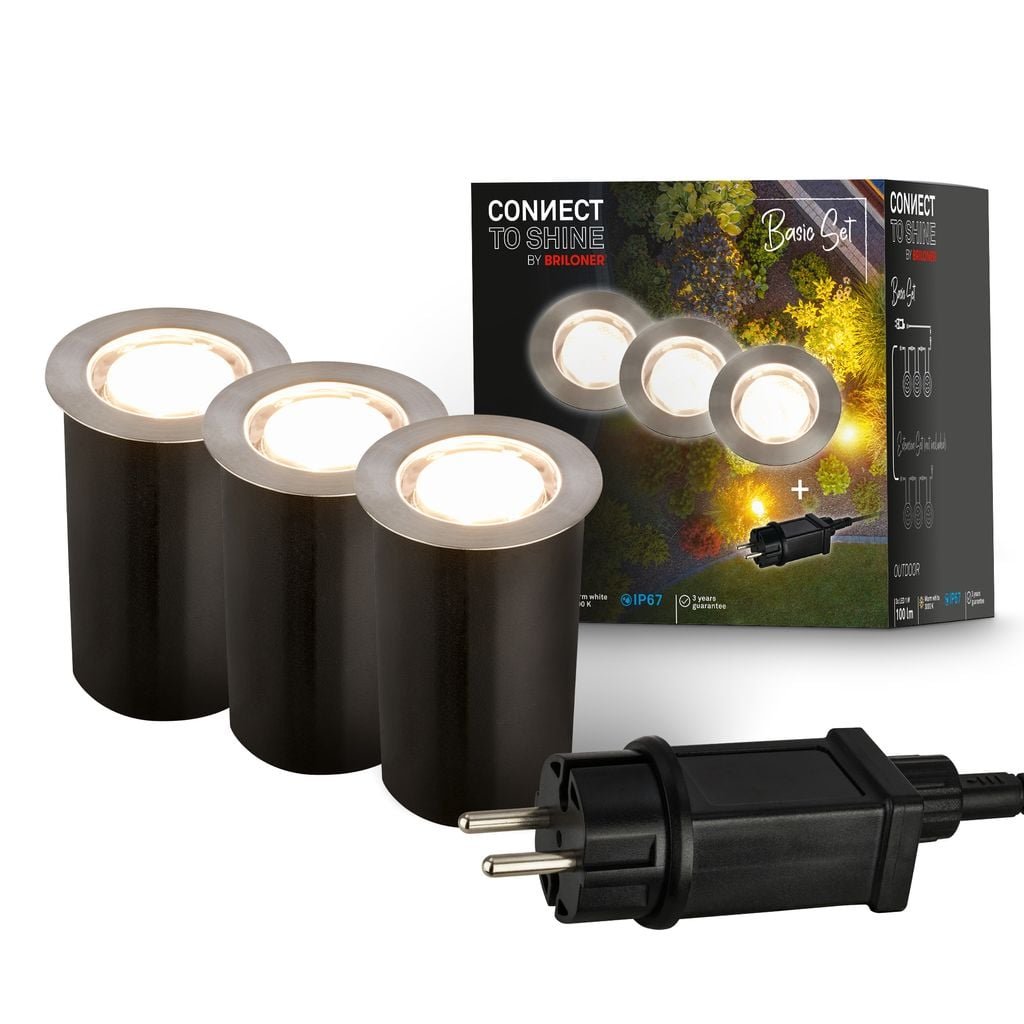 BRI 3916032 CONNECT TO SHINE startovací sada 12V zahradní osvětlení - trafo, 3x LED svítidlo do země, IP67, stříbrná - BRILONER