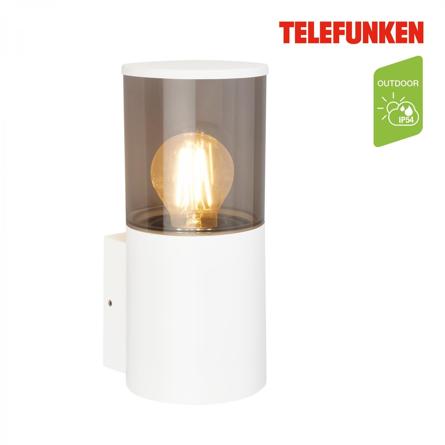 TF 322206TF TELEFUNKEN venkovní nástěnné svítidlo, voděodolné a prachotěsné, kouřové sklo, E27 patice, bílé - BRILONER