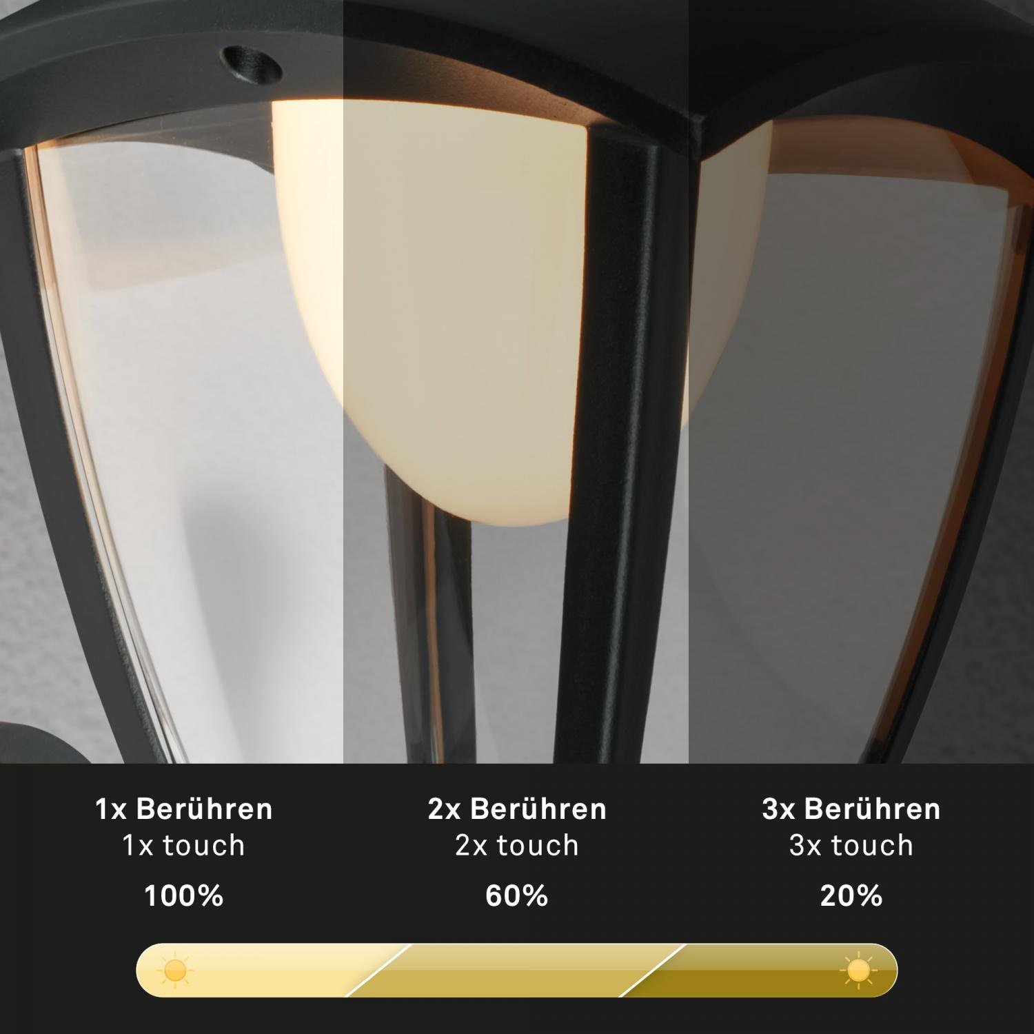 BRI 3929015 LED nabíjecí nástěnné svítidlo, venkovní, retro, dotykový vypínač, vyměnitelné baterie, vč. USB-C kabelu, stmívatelné, IP44, černá - BRILONER (obrázek 3)