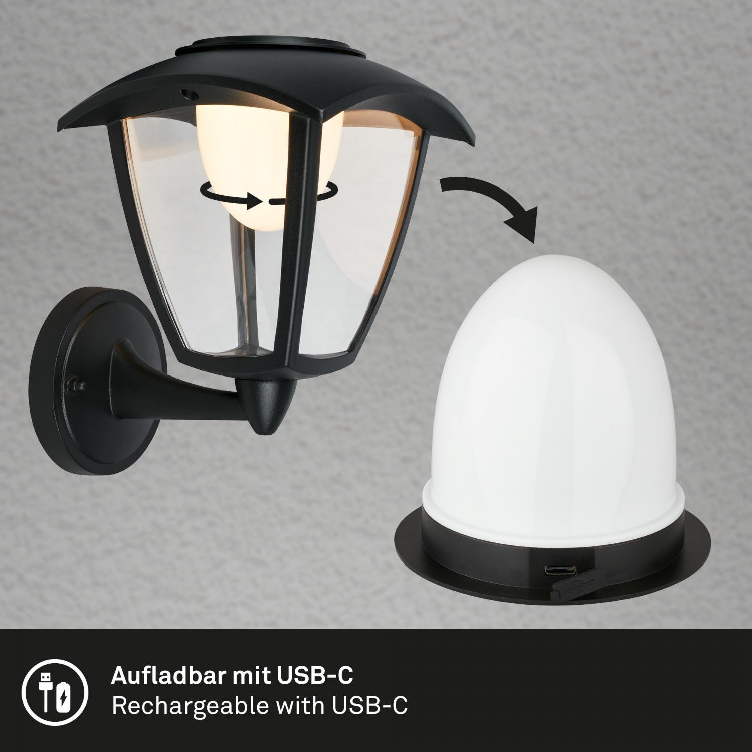 BRI 3929015 LED nabíjecí nástěnné svítidlo, venkovní, retro, dotykový vypínač, vyměnitelné baterie, vč. USB-C kabelu, stmívatelné, IP44, černá - BRILONER (obrázek 4)
