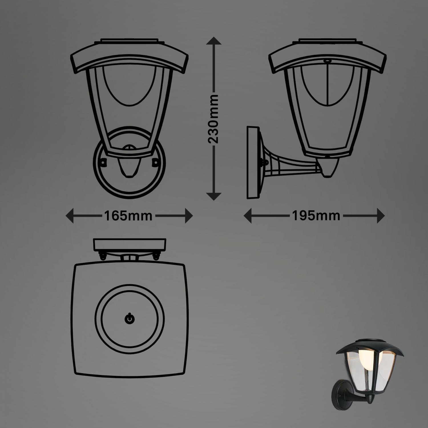 BRI 3929015 LED nabíjecí nástěnné svítidlo, venkovní, retro, dotykový vypínač, vyměnitelné baterie, vč. USB-C kabelu, stmívatelné, IP44, černá - BRILONER (obrázek 7)
