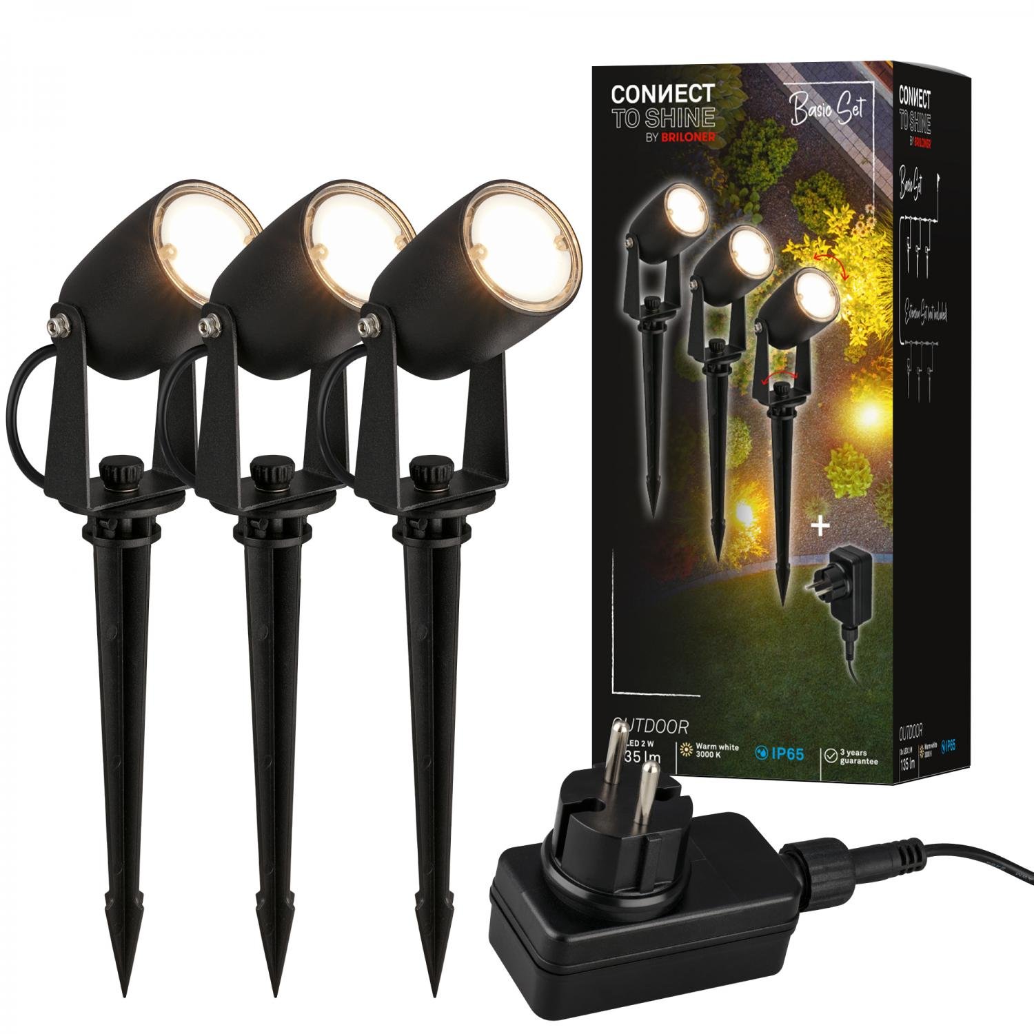 BRI 3927035 CONNECT TO SHINE startovací sada 12V zahradní osvětlení - trafo, 3x LED bodové svítidlo se zápichem, nastavitelné, IP65, černá - BRILONER