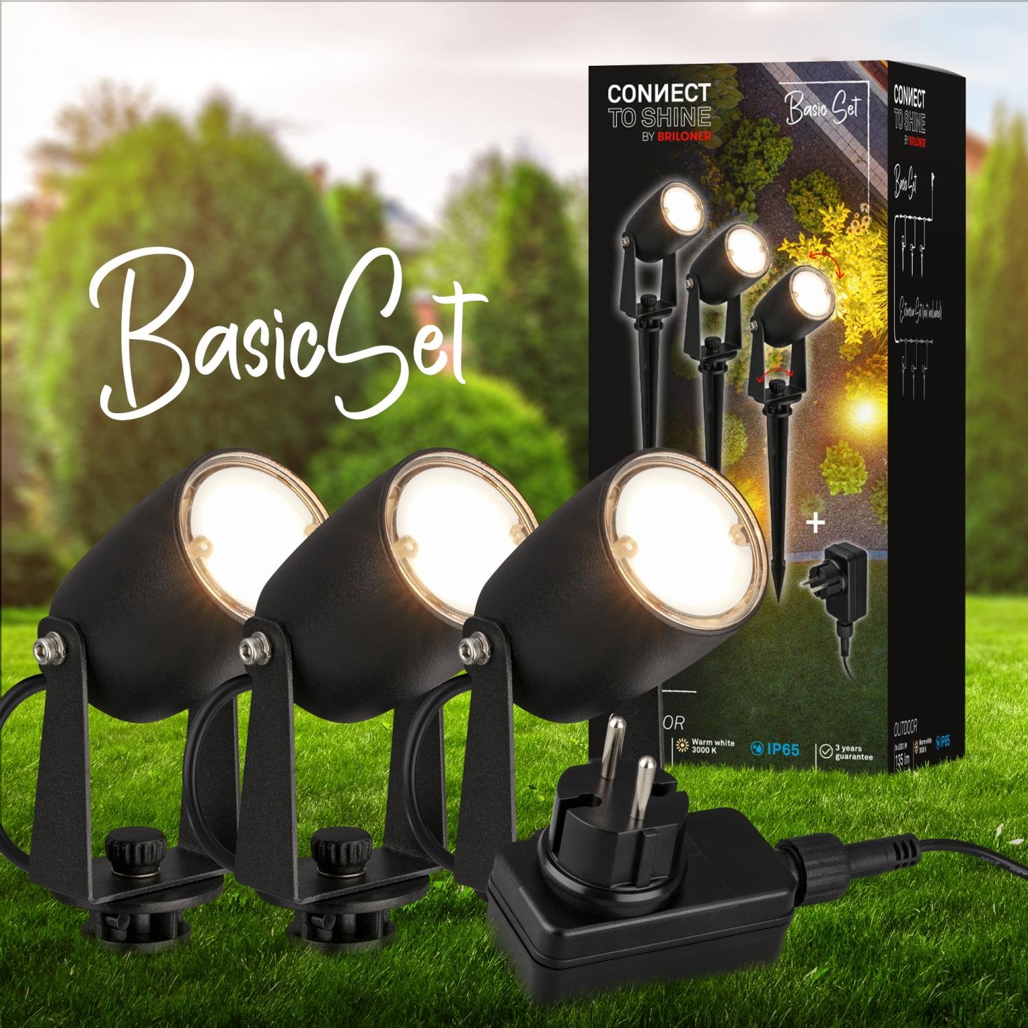 BRI 3927035 CONNECT TO SHINE startovací sada 12V zahradní osvětlení - trafo, 3x LED bodové svítidlo se zápichem, nastavitelné, IP65, černá - BRILONER