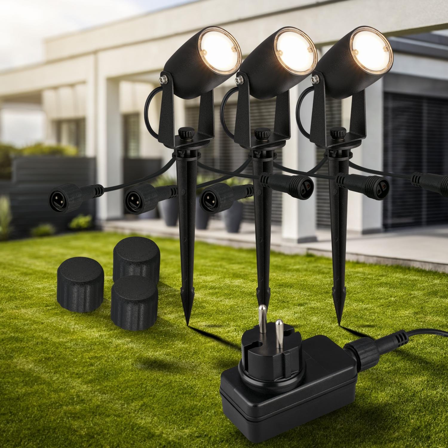 BRI 3927035 CONNECT TO SHINE startovací sada 12V zahradní osvětlení - trafo, 3x LED bodové svítidlo se zápichem, nastavitelné, IP65, černá - BRILONER (obrázek 9)