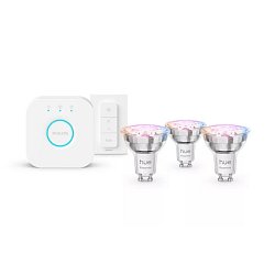 Obrázek pro produkt Hue Essential WCA 345 žárovka 4,7W, 345lm, GU10 (3 ks) 2200-6500K RGB startovací sada + bridge + ovladač - PHILIPS