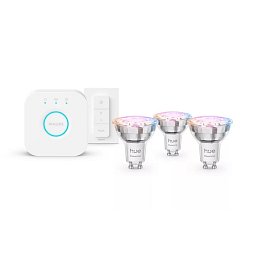 Obrázek pro produkt Hue Essential WCA 345 žárovka 4,7W, 345lm, GU10 (3 ks) 2200-6500K RGB startovací sada + bridge + ovladač - PHILIPS
