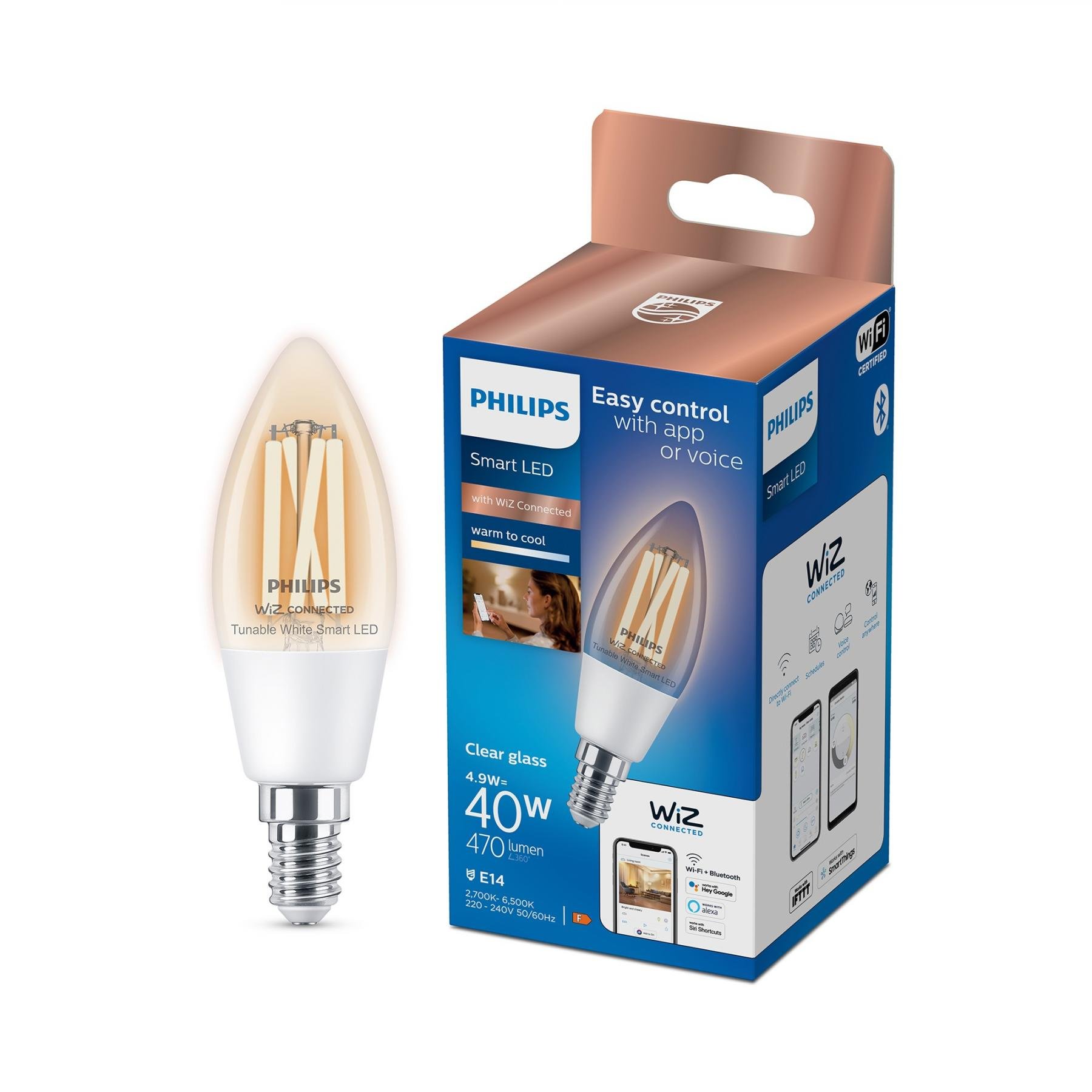 PH 8719514372061 WiZ Smart LED Svíčková žárovka Filament čirá 4,9 W (ekv. 40 W) 470lm C35 E14 - PHILIPS (obrázek 3)