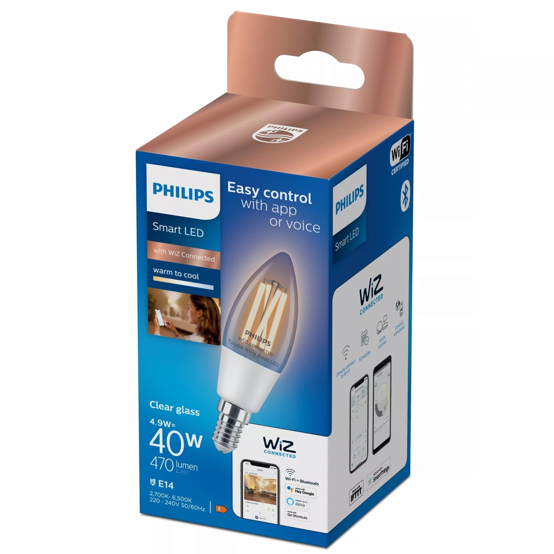PH 8719514372061 WiZ Smart LED Svíčková žárovka Filament čirá 4,9 W (ekv. 40 W) 470lm C35 E14 - PHILIPS (obrázek 4)