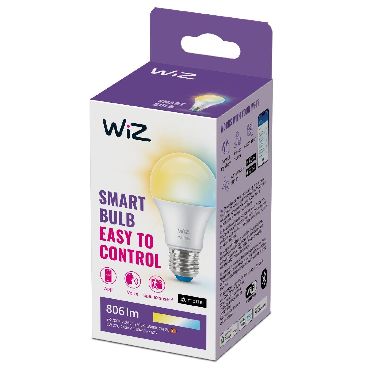 PH 8720169076945 WiZ LED žárovka E27 A60 8W 806lm 2700-6500K CRI80 IP20, stmívatelná - PHILIPS