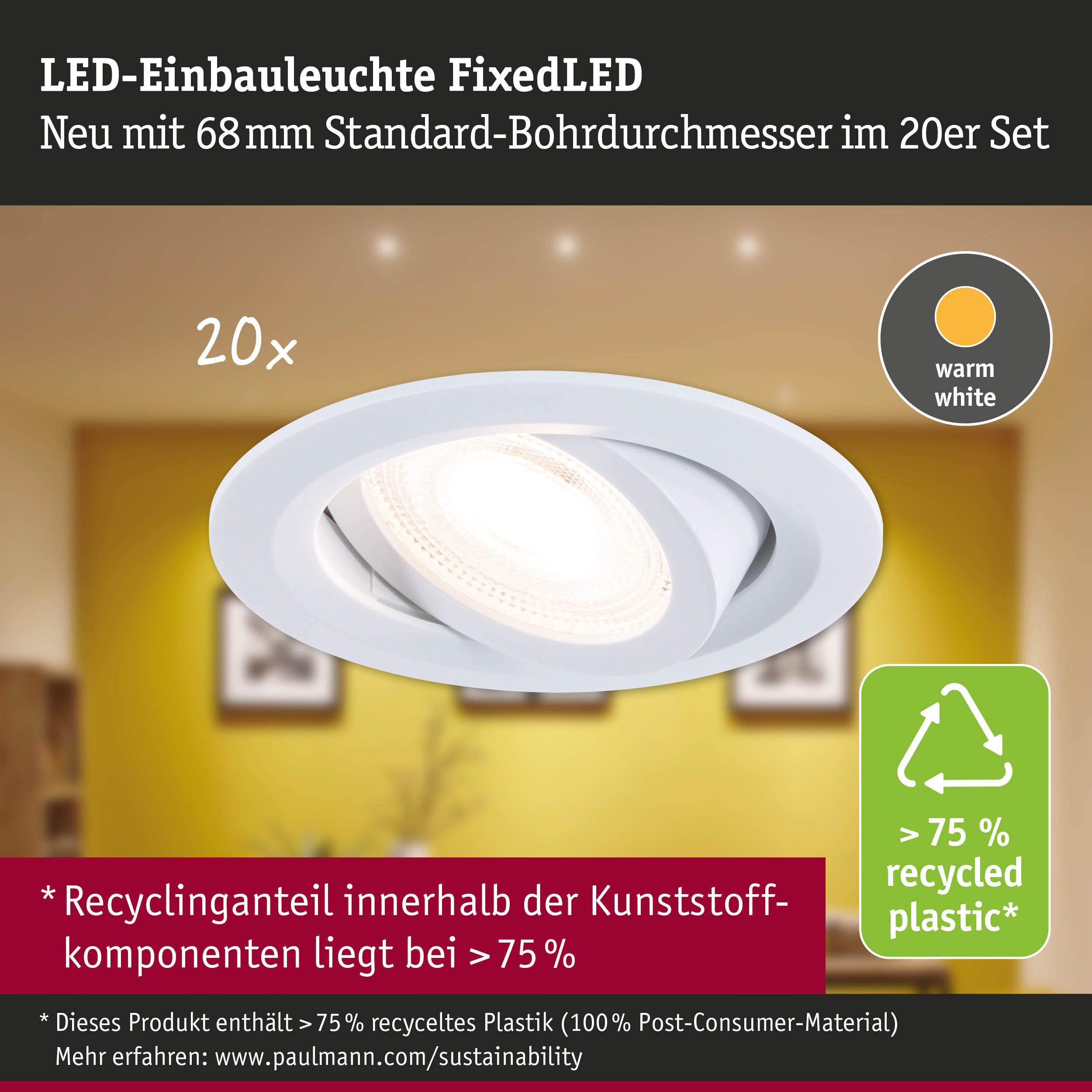 P 93166 LED vestavné svítidlo FixedLED 20ks sada výklopné 25° 20x4,8W 230V 3000K bílá - PAULMANN (obrázek 3)