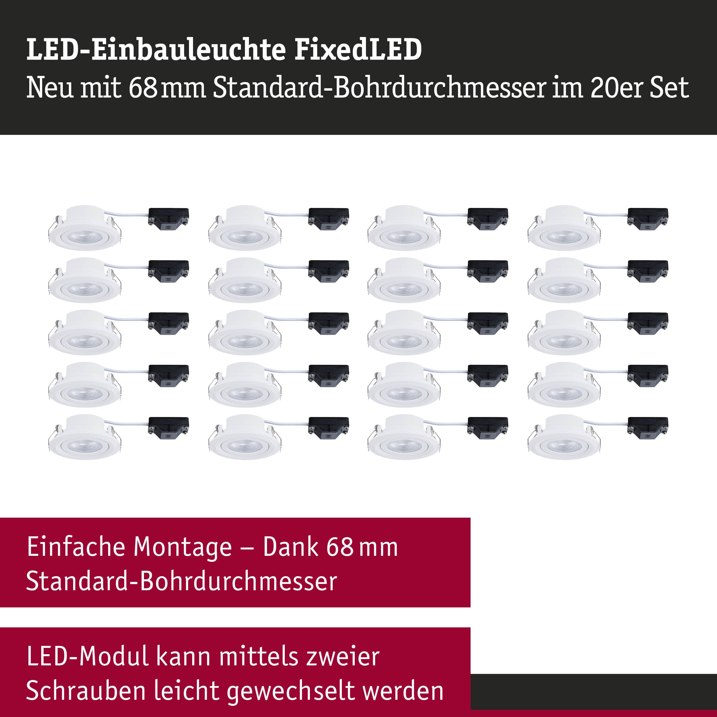P 93166 LED vestavné svítidlo FixedLED 20ks sada výklopné 25° 20x4,8W 230V 3000K bílá - PAULMANN (obrázek 4)