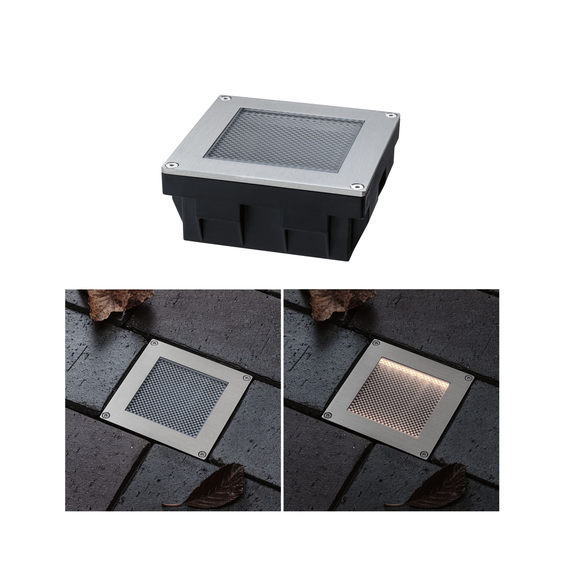 P 95742 Solární LED zemní svítidlo Sorea soumrakový senzor IP67 hranaté 100x100mm 3000K 0,1W 6lm 3,7V kov kartáčovaný ABS/polykarbonát/ocel - PAULMANN