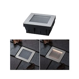 Obrázek pro produkt Solární LED zemní svítidlo Sorea soumrakový senzor IP67 hranaté 100x100mm 3000K 0,1W 6lm 3,7V kov kartáčovaný ABS/polykarbonát/ocel - PAULMANN