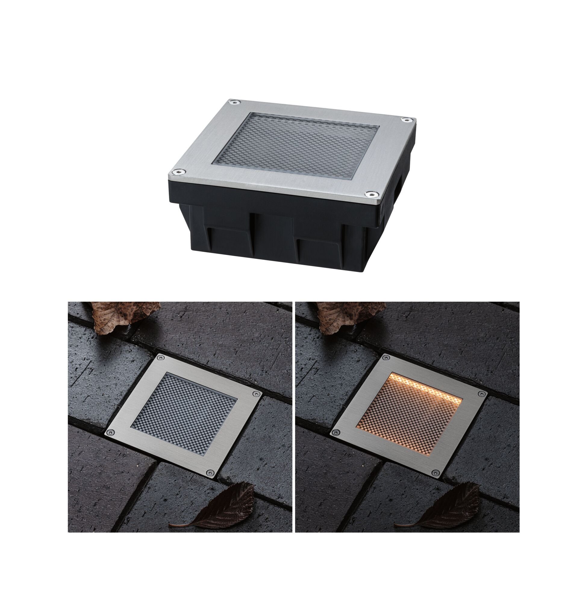 P 95743 Solární LED zemní svítidlo Sorea soumrakový senzor IP67 hranaté 100x100mm 2200K 0,1W 5lm 3,7V kov kartáčovaný ABS/polykarbonát/ocel - PAULMANN
