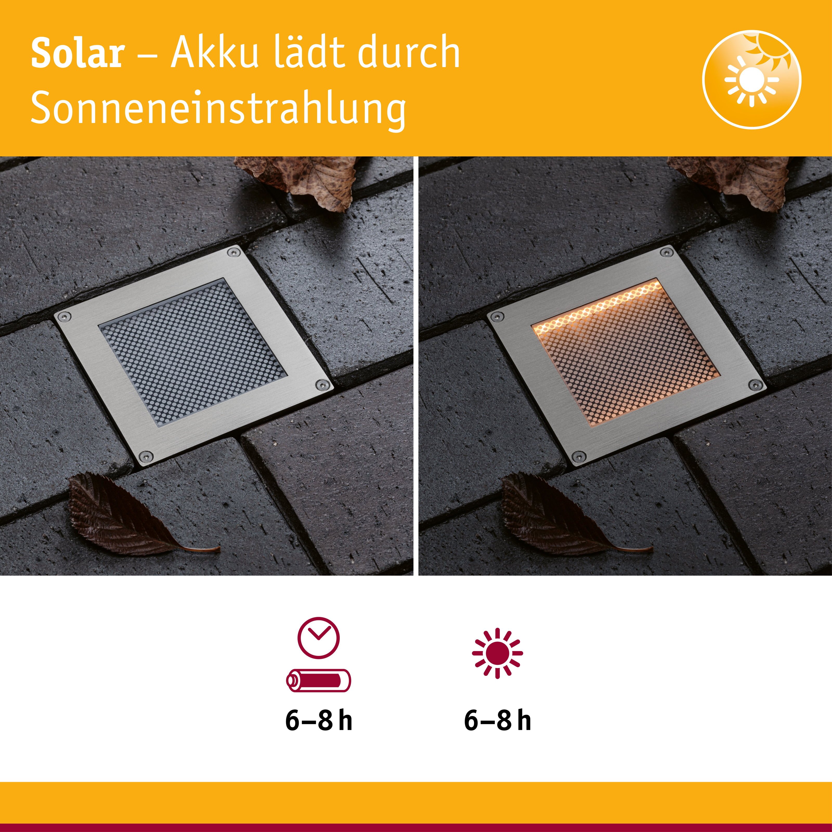 P 95743 Solární LED zemní svítidlo Sorea soumrakový senzor IP67 hranaté 100x100mm 2200K 0,1W 5lm 3,7V kov kartáčovaný ABS/polykarbonát/ocel - PAULMANN (obrázek 3)