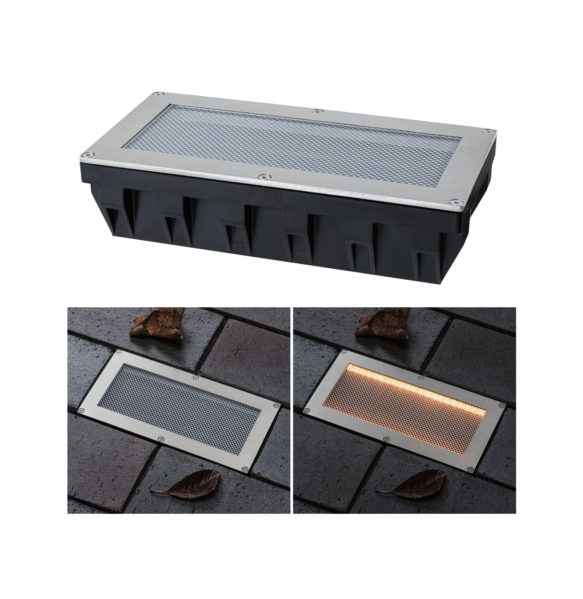 P 95745 Solární LED zemní svítidlo Sorea soumrakový senzor IP67 hranaté 200x100mm 2200K 0,3W 3,7V kov kartáčovaný ABS/polykarbonát/ocel - PAULMANN