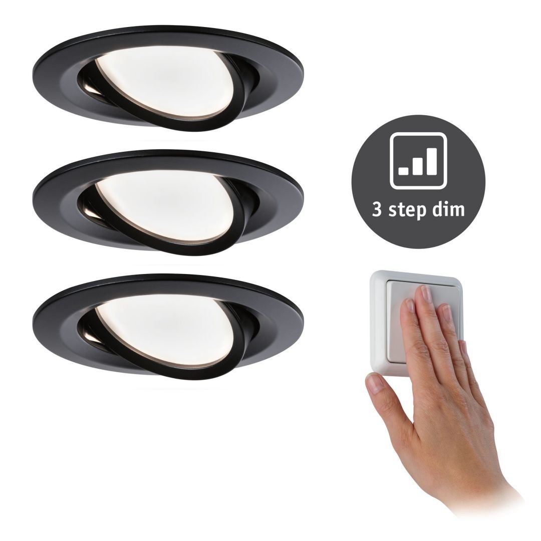 P 94472 LED vestavné svítidlo Nova kruhové 3x6,5W černá/mat výklopné 3-krokové-stmívatelné teplá bílá 3ks sada - PAULMANN