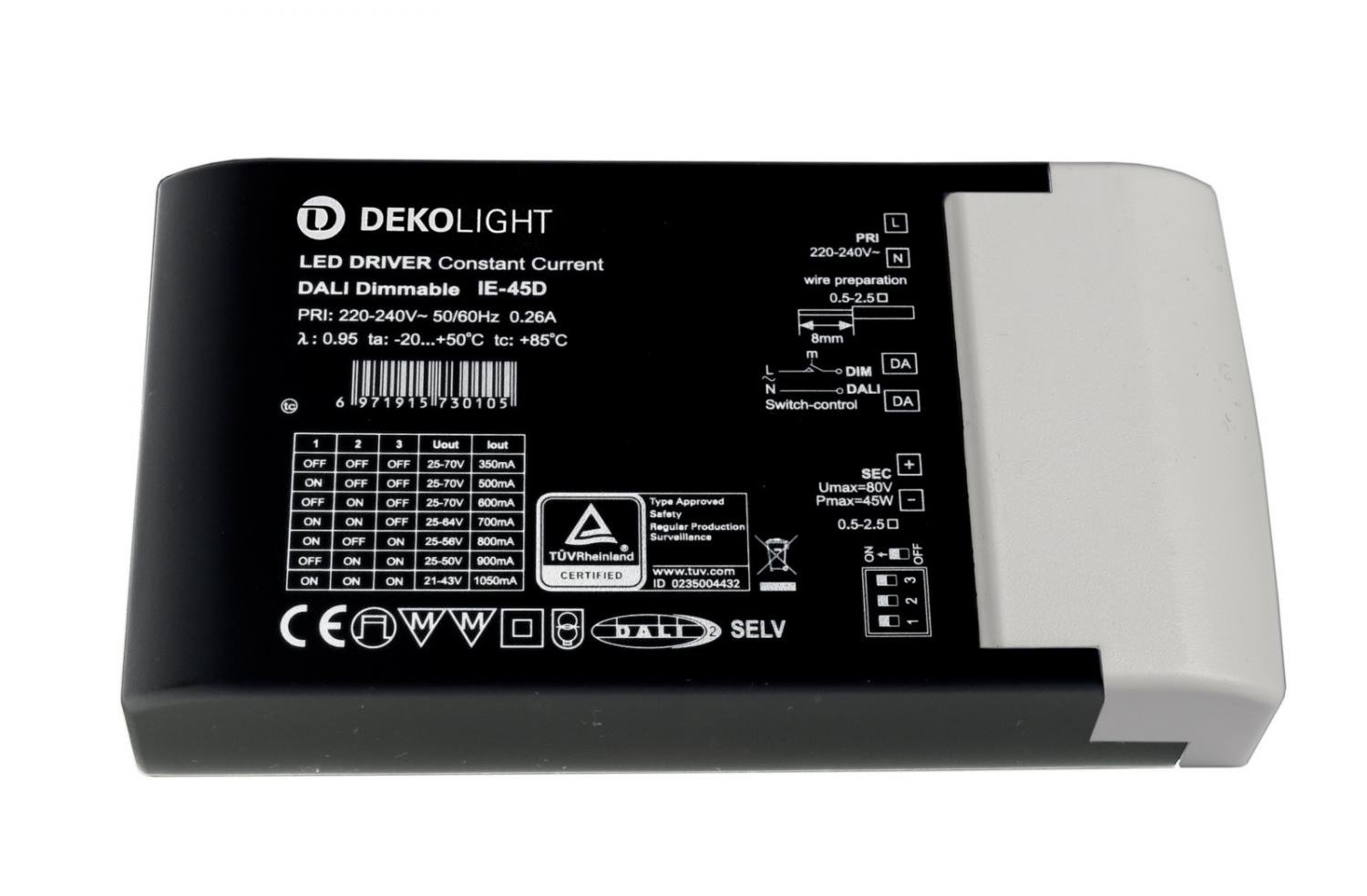 Deko-Light napájení BASIC, DIM, Multi CC, IE-45D konstantní proud 350/400/500/600/700/800/900/1000 mA IP20 stmívatelné 25-70V DC 8,75-45,00 W 862192