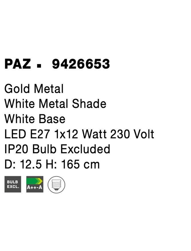 NV 9426653 Stojací lampa PAZ zlatý kov bílé kovové stínidlo bílá základna E27 1x12W 230V IP20 bez žárovky - NOVA LUCE (obrázek 7)