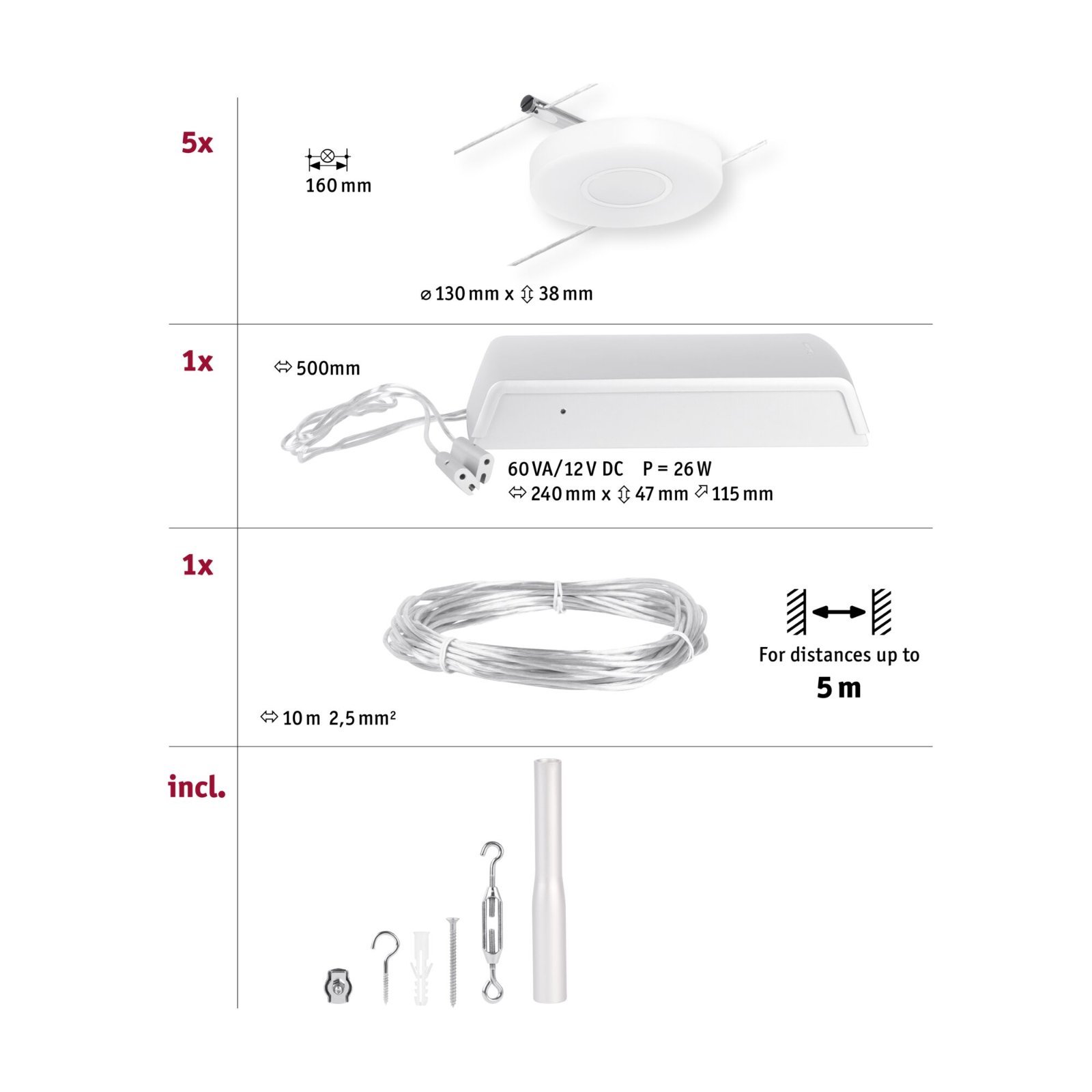 P 94426 LED lankový systém DiscLED základní sada 5x4,5W 3000K 230/12V matný chrom/chrom - PAULMANN (obrázek 3)