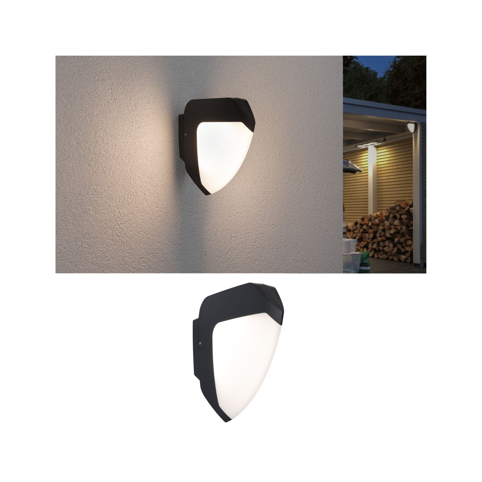 P 94517 LED venkovní nástěnné svítidlo Smart Home Zigbee Ikosea soumrakový senzor a pohybové čidlo CCT IP44 50x203mm 3000K 4,4W 230V antracit umělá hmota - PAULMANN