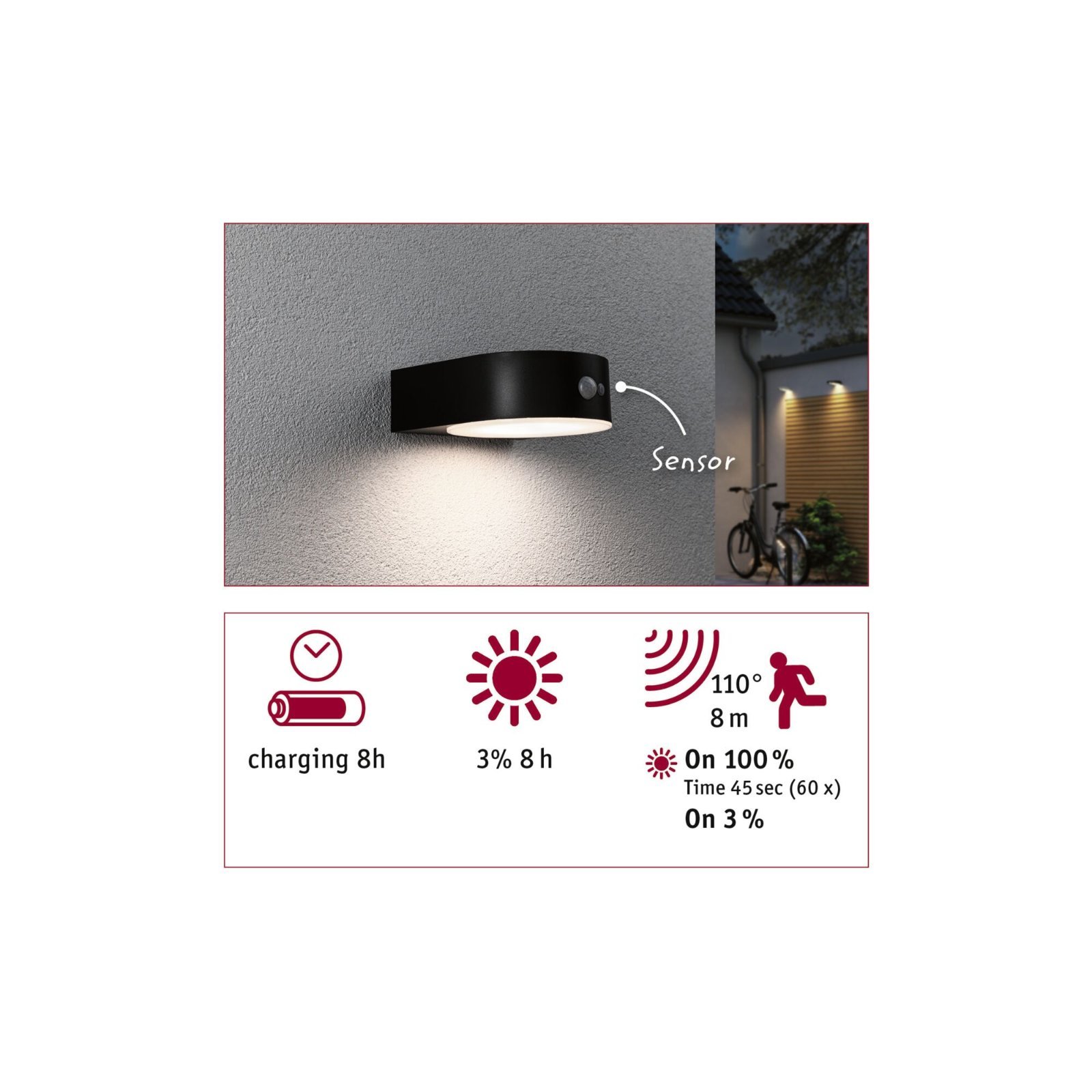 P 94570 Solární LED venkovní nástěnné svítidlo solární Eileen pohybové čidlo IP44 3000K černá - PAULMANN (obrázek 8)