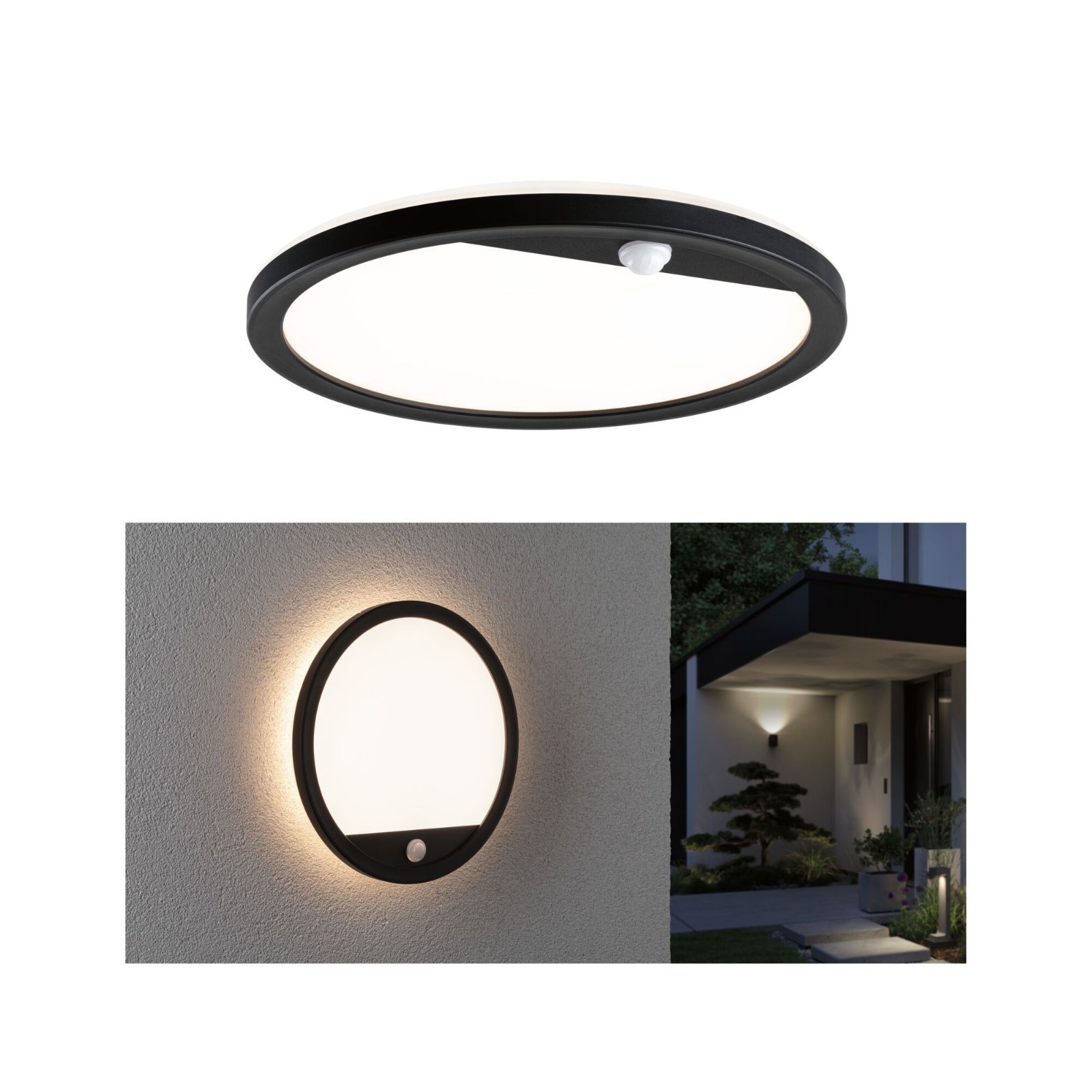 P 94664 LED venkovní panel Lamina vč. pohybové čidlo IP44 kruhové 280mm 3000K 14,5W 230V černá umělá hmota - PAULMANN