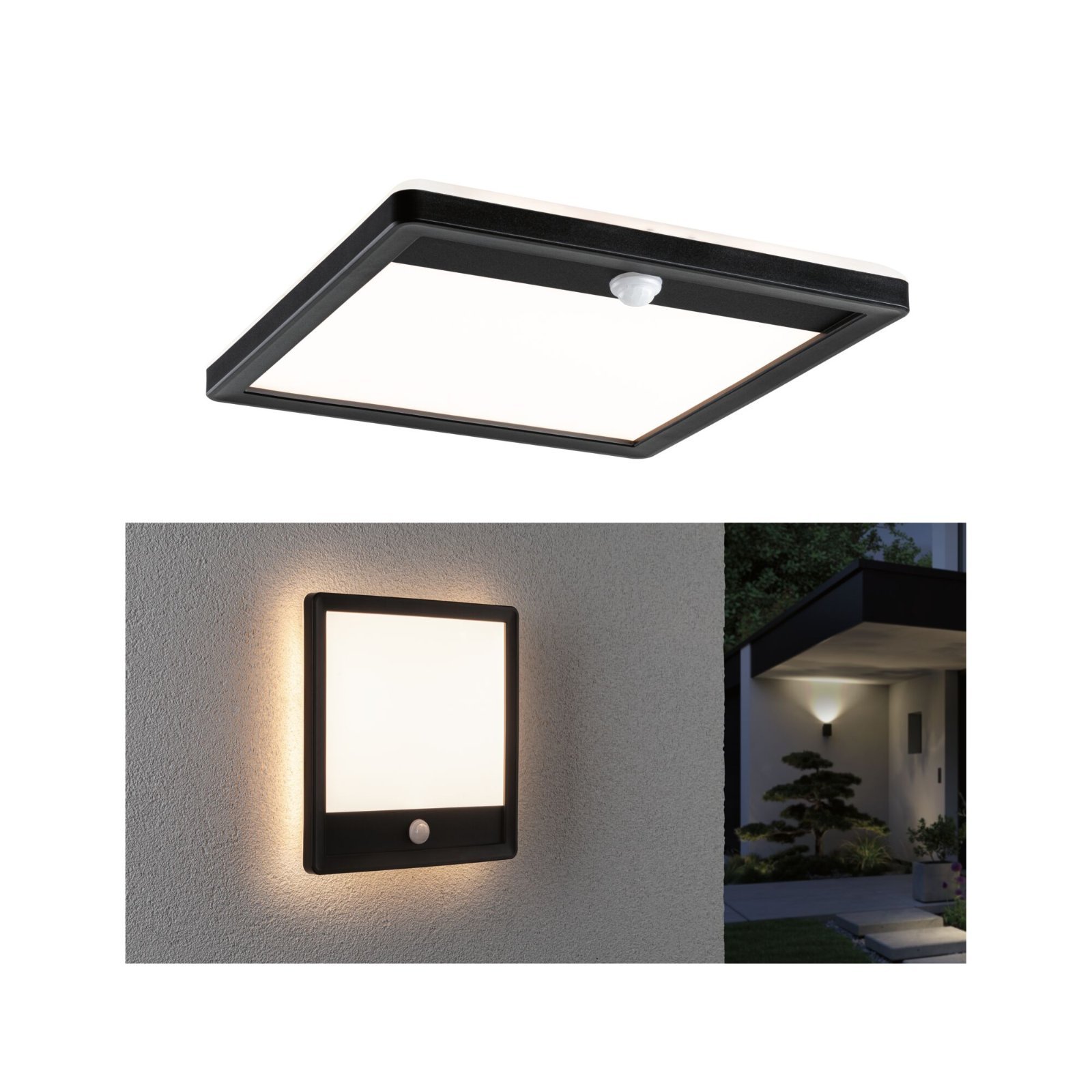 P 94665 LED venkovní panel Lamina vč. pohybové čidlo IP44 hranaté 250x250mm 3000K 14,5W 230V černá umělá hmota - PAULMANN